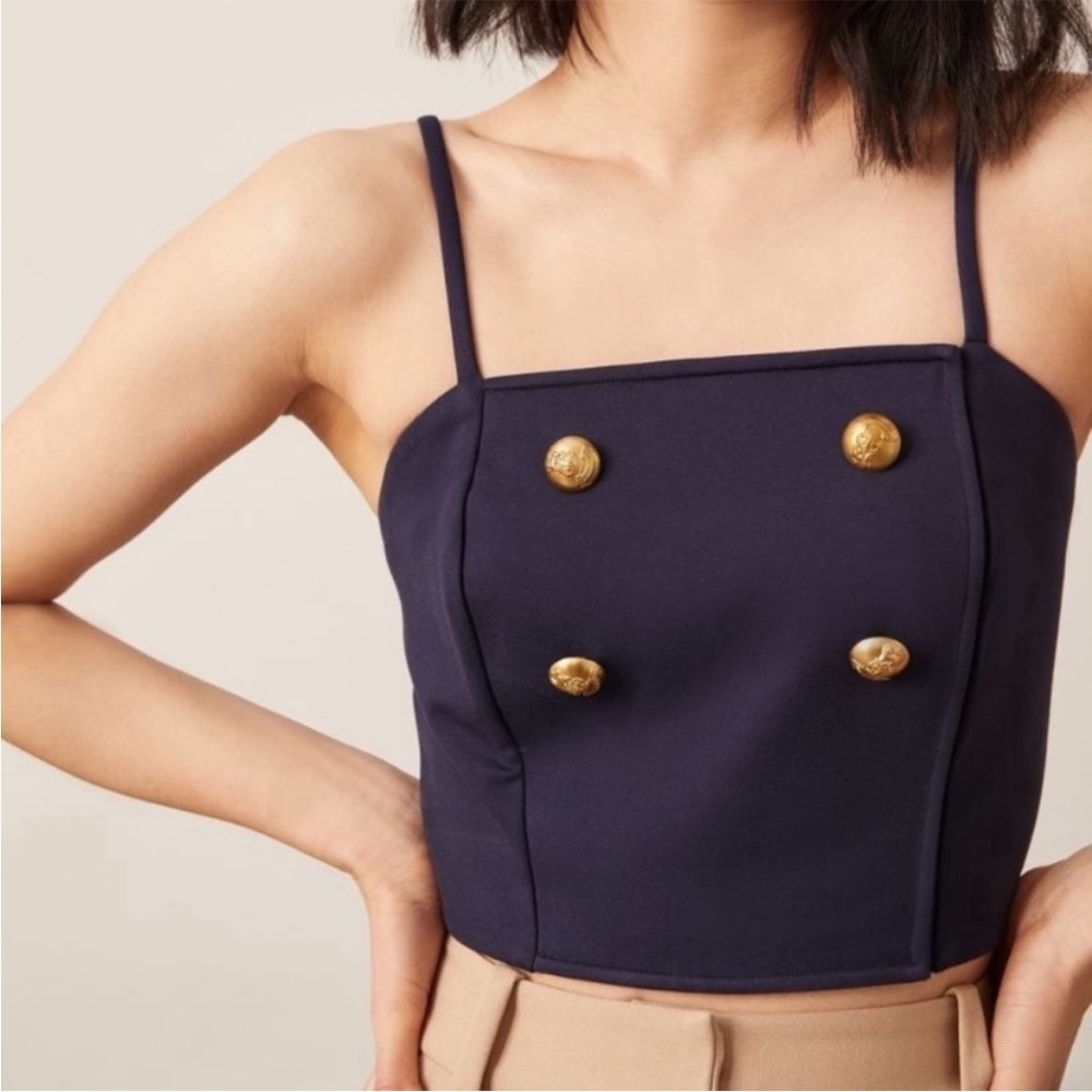 Anthropologie Eva Franco navy blue gold buttons cropped top vest 
size 8 petite